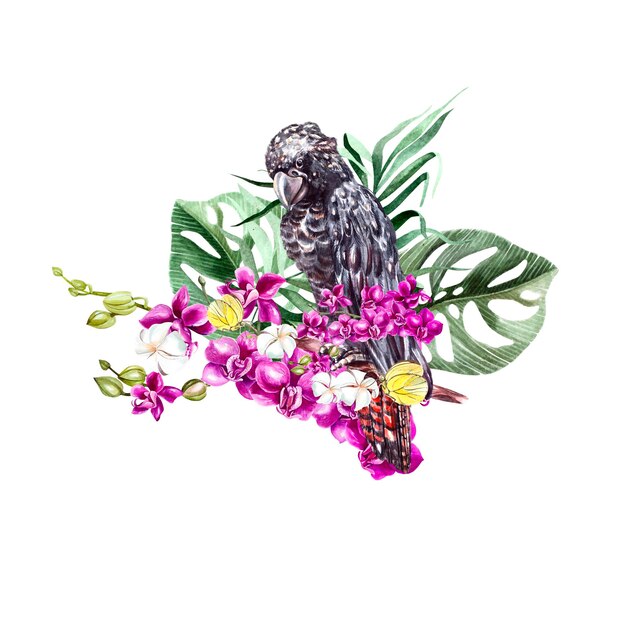 Un bellissimo bouquet acquerello con un pappagallo e foglie di fiori di palma o orchidee