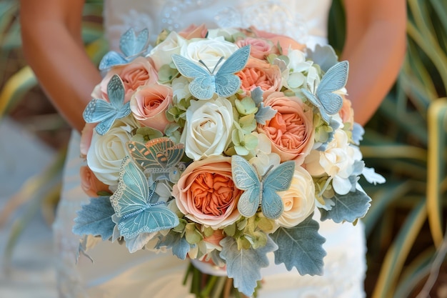 Un bellissimo bouquet da sposa con eleganti rose e delicate farfalle nelle mani della sposa al matrimonio