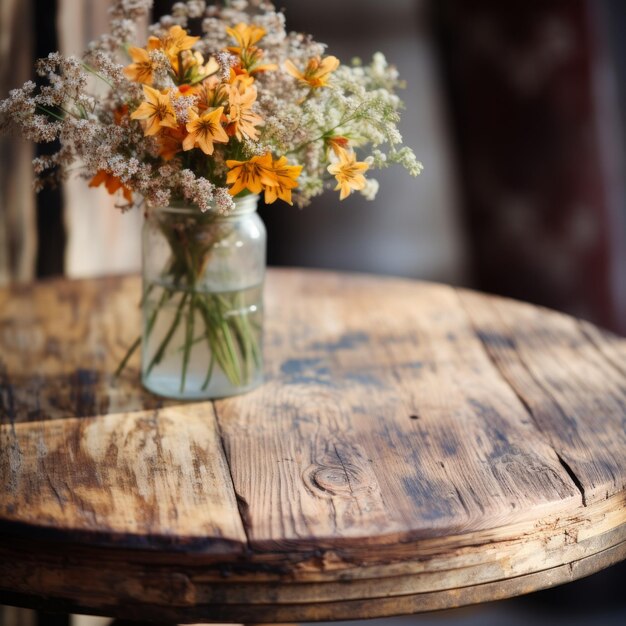 Un bellissimo bouquet di fiori arancioni e bianchi seduti su un tavolo di legno