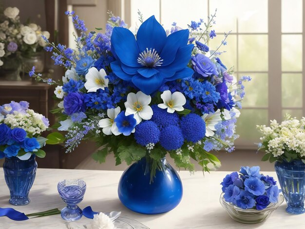 Un bellissimo bouquet di fiori blu sul tavolo della stanza.