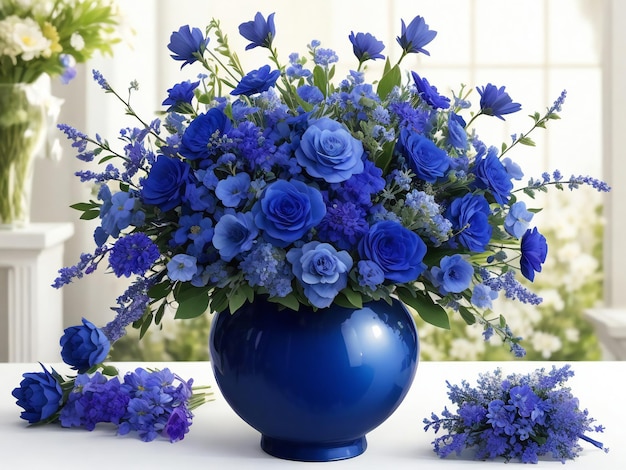 Un bellissimo bouquet di fiori blu sul tavolo della stanza.