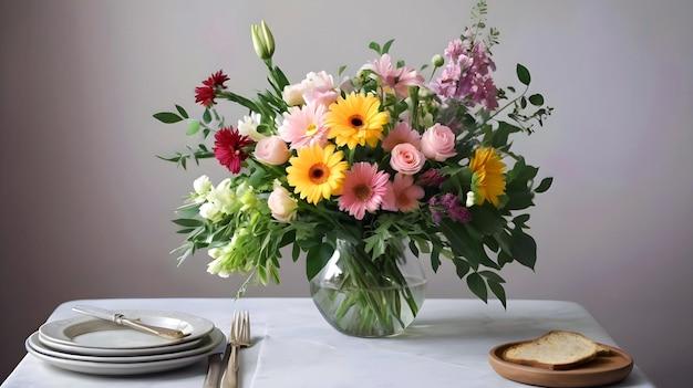 Un bellissimo bouquet di fiori freschi porta eleganza alla tavola