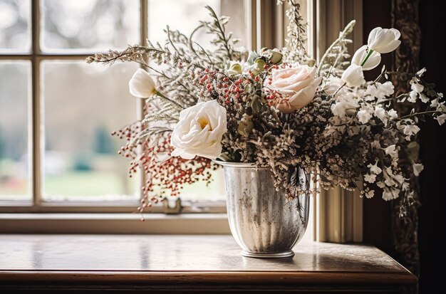 Un bellissimo bouquet di fiori in un vaso sul davanzale della finestra