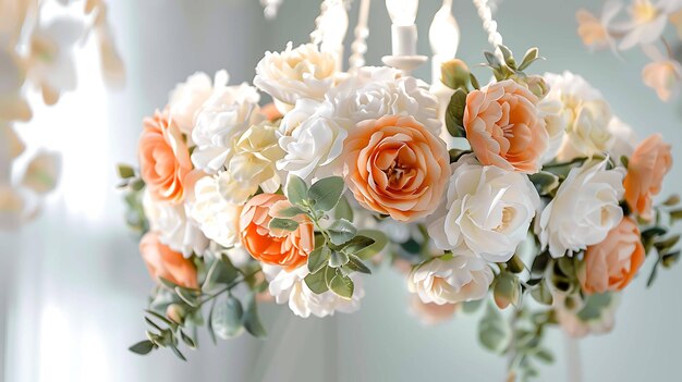 Un bellissimo bouquet di rose bianche e arancioni i fiori sono disposti in un disegno circolare e hanno una delicata sensazione romantica