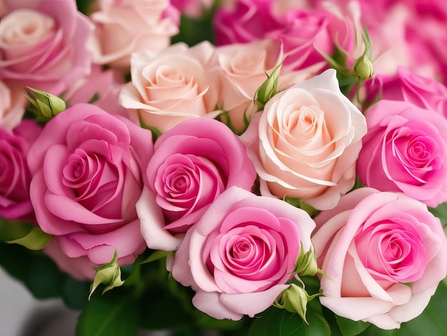 un bellissimo bouquet di rose rosa su sfondo IA generativa