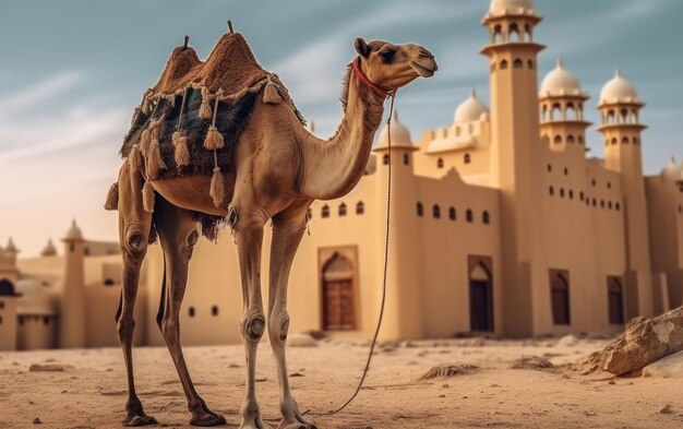 Un bellissimo cammello davanti alla moschea