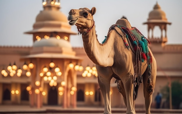 Un bellissimo cammello davanti alla moschea