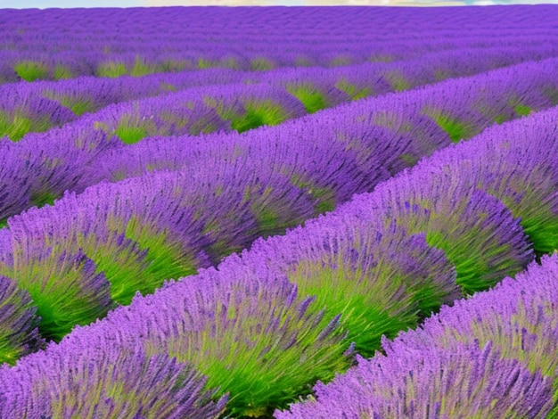 Un bellissimo campo di lavanda con lunghe file viola è coltivato per la produzione di lavanda