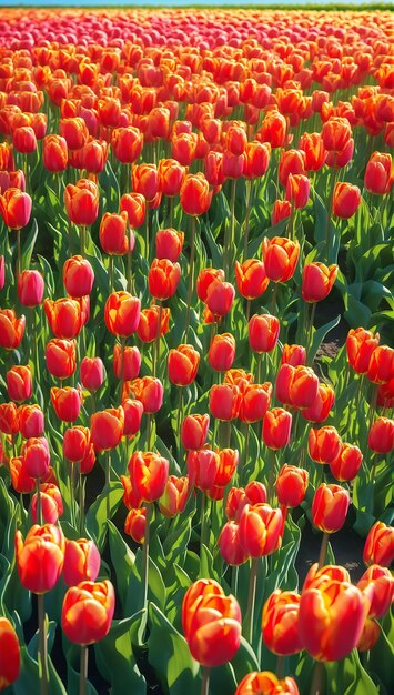 Un bellissimo campo di tulipani vivaci, tulipani in fiore in una varietà di colori, verde rigoglioso.