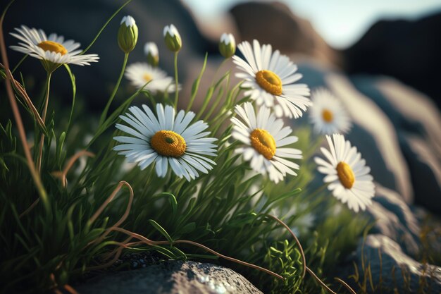 Un bellissimo campo primaverile con margherite e farfalleLa bellezza della natura IA generativa