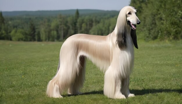 Un bellissimo cane afgano si trova in un prato verde vicino alla foresta.