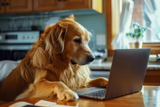 Un bellissimo cane che lavora in un ufficio con un portatile