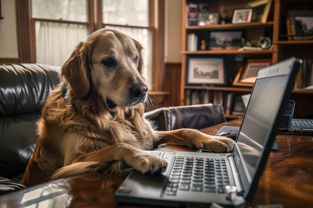 Un bellissimo cane che lavora in un ufficio con un portatile
