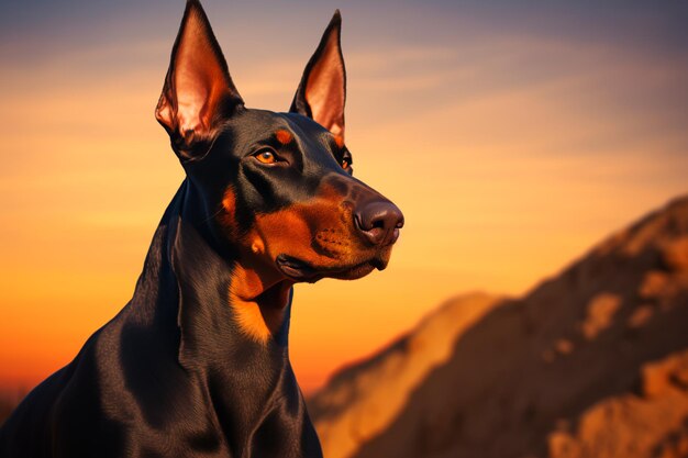 Un bellissimo cane Doberman su un bellissimo sfondo naturale Un cane nella foresta in passeggiata AI Genera