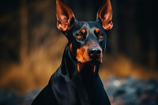 Un bellissimo cane Doberman su un bellissimo sfondo naturale Un cane nella foresta in passeggiata AI Genera