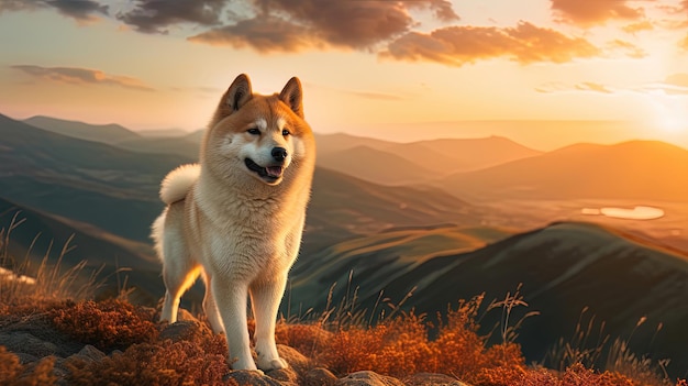 Un bellissimo cane rosso della razza Shiba Inu sullo sfondo di un paesaggio montano con un bellissimo tramonto al neon IA generativa