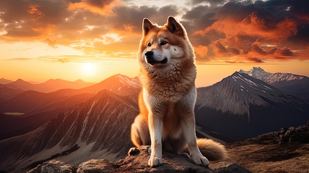 Un bellissimo cane rosso della razza Shiba Inu sullo sfondo di un paesaggio montano con un bellissimo tramonto al neon IA generativa