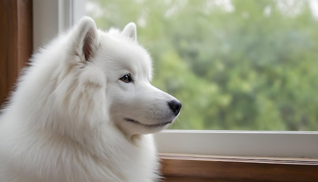 Un bellissimo cane samoiede che guarda attraverso la finestra e aspetta il ritorno del proprietario