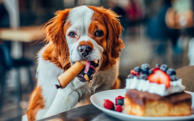 un bellissimo cane sta mangiando cibo