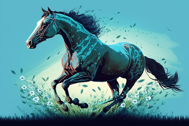 Un bellissimo cavallo da corsa arabo corre su un lussureggiante campo estivo