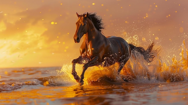 Un bellissimo cavallo marrone galoppa lungo la riva del mare in una sera d'estate