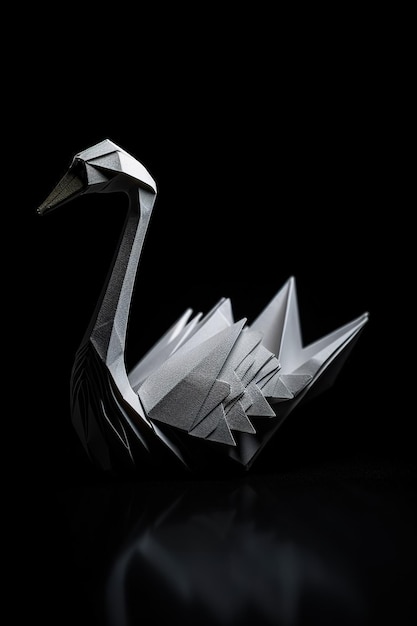 Un bellissimo cigno bianco fatto di origami su uno sfondo nero e in studio di illuminazione Generativo ai