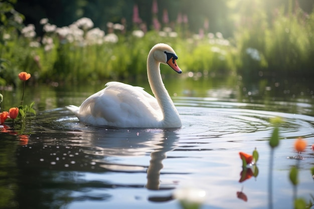 Un bellissimo cigno bianco in uno stagno estivo