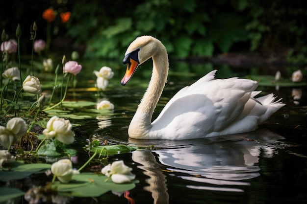 Un bellissimo cigno bianco in uno stagno estivo