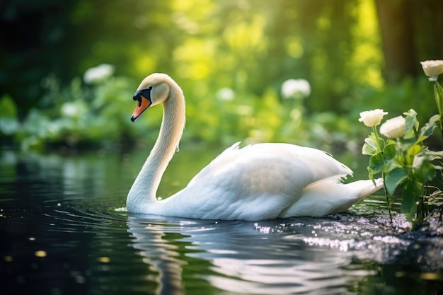 Un bellissimo cigno bianco in uno stagno estivo