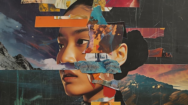 Un bellissimo collage del viso di una donna fatto di carta strappata e foto d'epoca i colori sono vivaci e la composizione è interessante