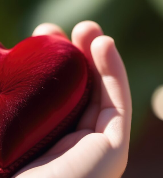 Un bellissimo cuore di velluto rosso soffice e voluminoso giace sul palmo in primo piano. La mano della donna tiene il cuore.