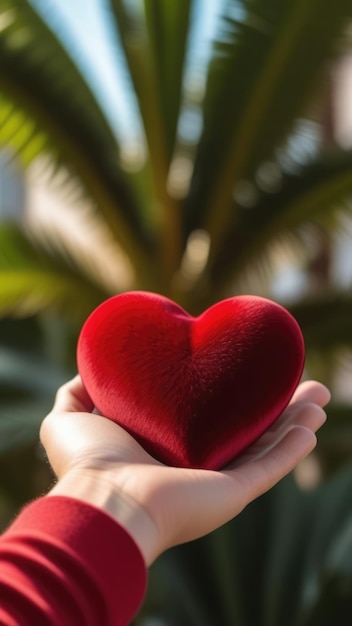 Un bellissimo cuore di velluto rosso soffice e voluminoso giace sul palmo in primo piano. La mano della donna tiene il cuore.