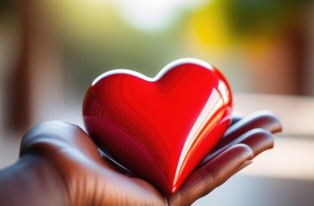 Un bellissimo cuore rosso lucido e voluminoso giace sul palmo in primo piano. La mano della donna tiene il cuore.