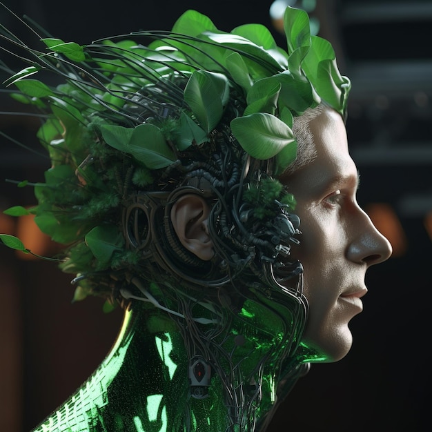 un bellissimo cyborg o robot verde con foglie e albero tecnologia e natura