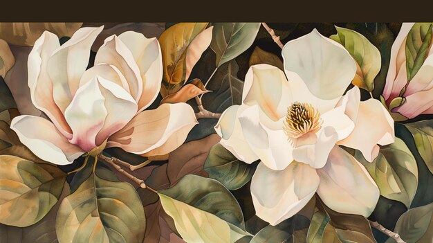 Un bellissimo dipinto ad acquerello di due magnolie bianche con foglie verdi