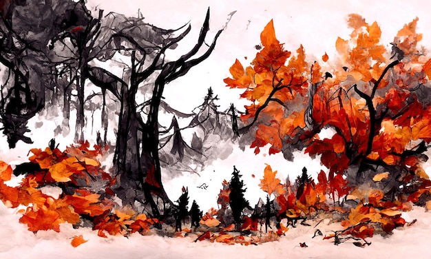 Un bellissimo dipinto dello stile dell'inchiostro della foresta autunnale
