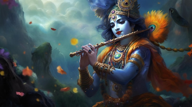 Un bellissimo dipinto di Lord Shree Krishna Fiori colorati e nuvole nel cielo