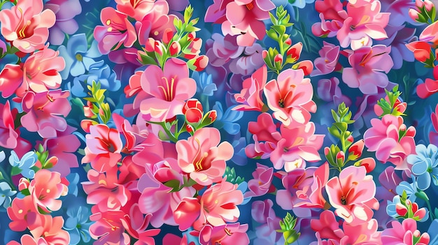 Un bellissimo disegno floreale con fiori rosa e blu I fiori sono disposti in un disegno ripetitivo e hanno un morbido aspetto pittorico