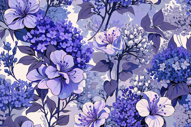 Un bellissimo disegno floreale viola e bianco con foglie