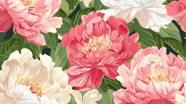 Un bellissimo disegno senza cuciture con peonie rosa e bianche I fiori sono disposti su uno sfondo di foglie verdi