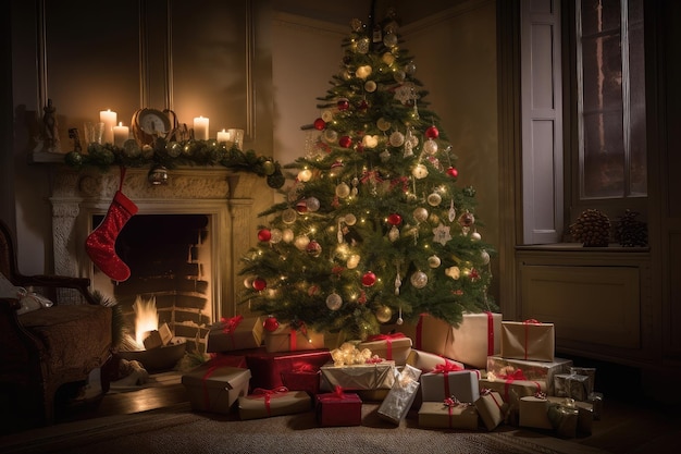 Un bellissimo e tradizionale albero circondato da regali e candele