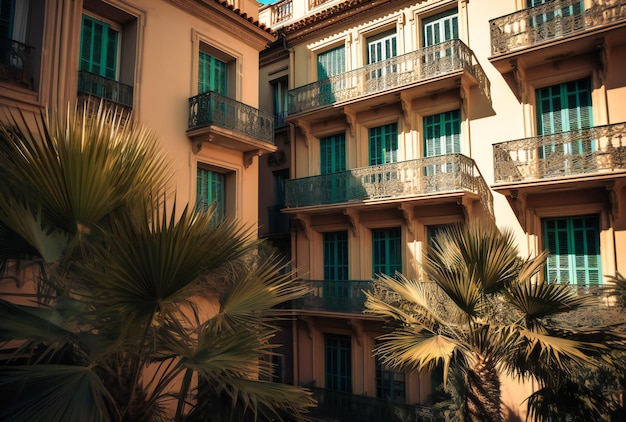 Un bellissimo edificio con balconi verdi con palme