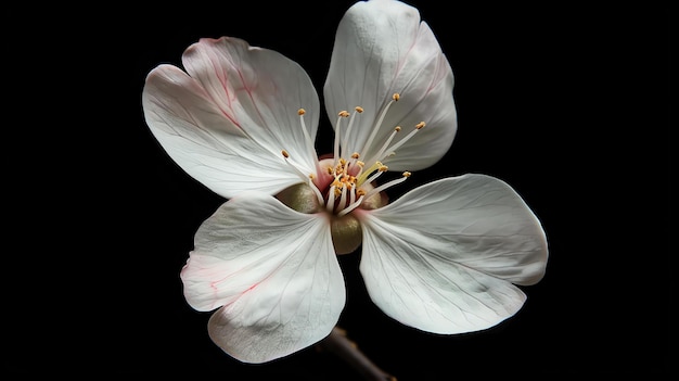 Un bellissimo fiore bianco con delicate vene rosa è isolato su uno sfondo nero