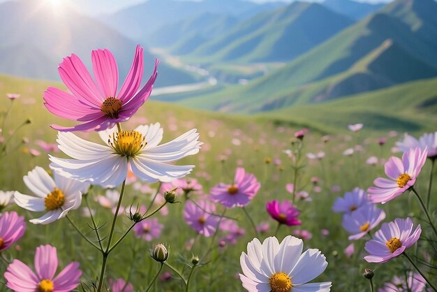 Un bellissimo fiore del cosmo è piantato sulle colline ed è un campo di fiori del cosmo con un gran numero di fiori di cosmo con fiori rosa e rossi È un posto perfetto per le coppie di San Valentino