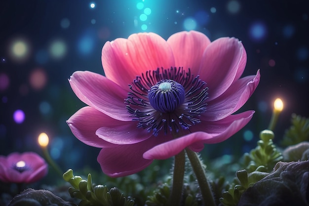 Un bellissimo fiore di anemone magico con luci magiche sullo sfondo