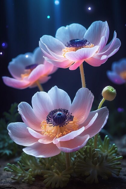 Un bellissimo fiore di anemone magico con luci magiche sullo sfondo