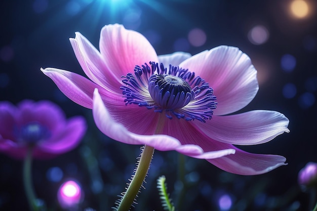 Un bellissimo fiore di anemone magico con luci magiche sullo sfondo