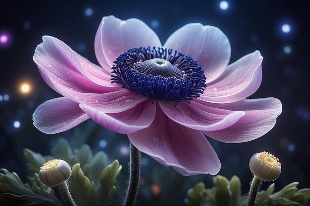 Un bellissimo fiore di anemone magico con luci magiche sullo sfondo