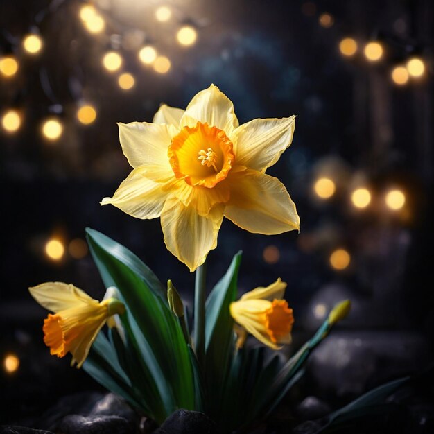 Un bellissimo fiore di narcisse magico con luci magiche sullo sfondo