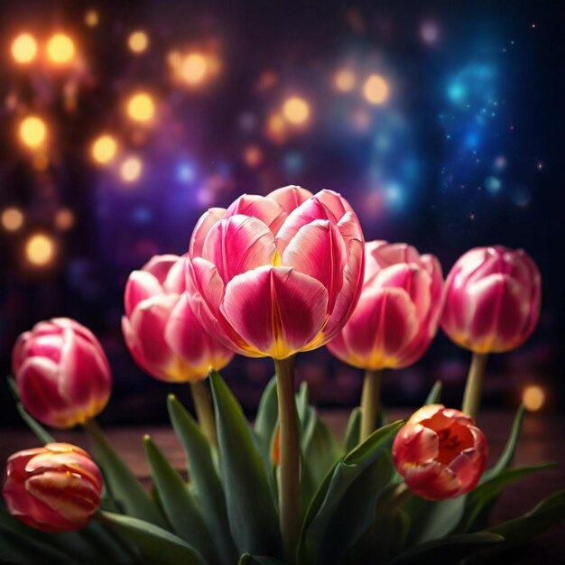 Un bellissimo fiore di tulipano magico con luci magiche sullo sfondo
